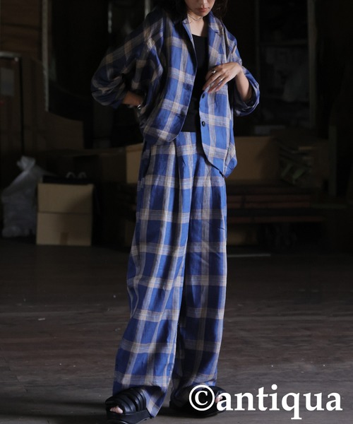 antiqua(アンティカ)の「リネンチェックジャケット(その他アウター・レディース・ブルー/カーキ・ONESIZE)」の9枚目の写真