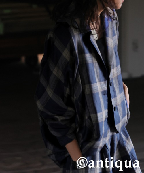 antiqua(アンティカ)の「リネンチェックジャケット(その他アウター・レディース・ブルー/カーキ・ONESIZE)」の10枚目の写真