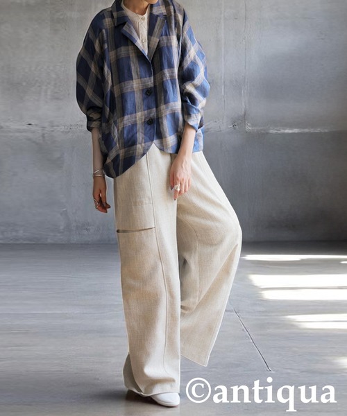 antiqua(アンティカ)の「リネンチェックジャケット(その他アウター・レディース・ブルー/カーキ・ONESIZE)」の12枚目の写真
