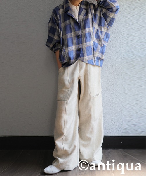 antiqua(アンティカ)の「リネンチェックジャケット(その他アウター・レディース・ブルー/カーキ・ONESIZE)」の13枚目の写真