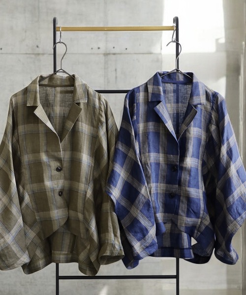 antiqua(アンティカ)の「リネンチェックジャケット(その他アウター・レディース・ブルー/カーキ・ONESIZE)」の15枚目の写真
