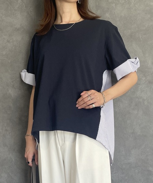 ikka(イッカ)の「袖ツイスト切り替えプルオーバー【親子コーデ】(Tシャツ/カットソー・レディース・ブラウン系その他/オフホワイト/ブルー/ネイビー・S/L/M)」の1枚目の写真
