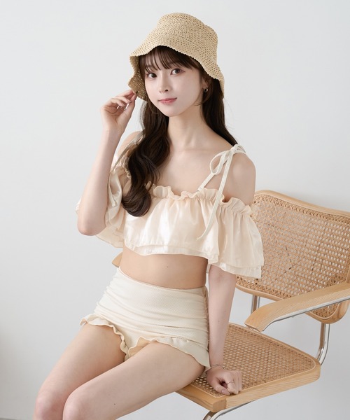 frill design swim wear 水着 SEA LEVEL Interlace Frill One-piece Swimsuit - White