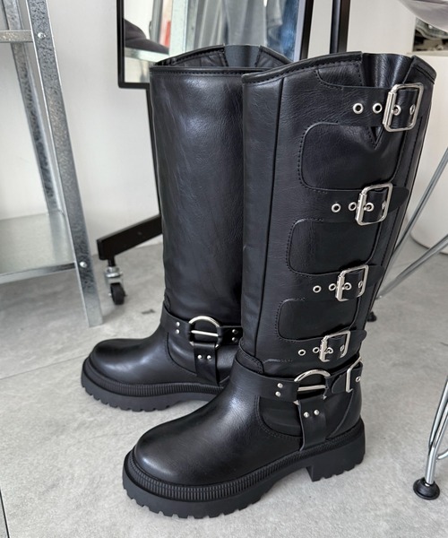 WEGO（ウィゴー）の「WEGO/ハトメベルトロングブーツ（ブーツ・レディース・ブラウン/ブラック・SMALL/LARGE/MEDIUM）」の3枚目の写真