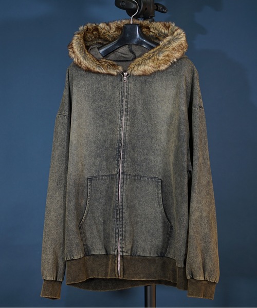 unrelaxing（アンリラクシング）の「ビッグシルエット ヴィンテージライク デニムファージャケット / デニムブルゾン / Gジャン デニムジャケット / デニムファーブルゾン / ファー付きデニムパーカー（ブルゾン・メンズ・ブラック/インディゴブルー/ブラック系その他・LARGE/MEDIUM）」の2枚目の写真