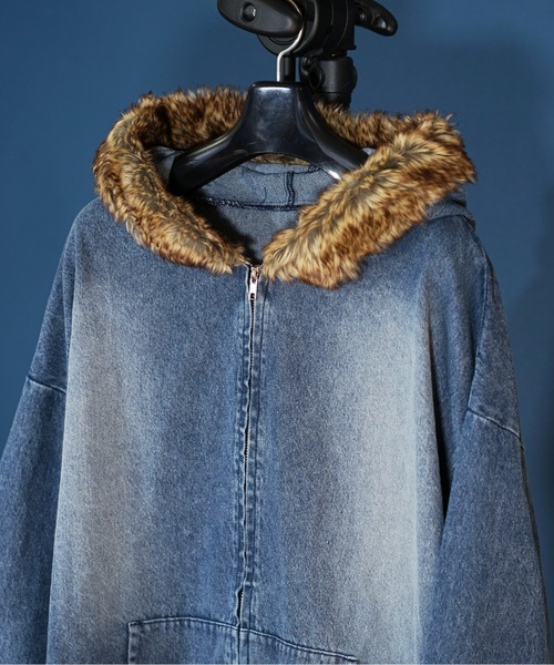 unrelaxing（アンリラクシング）の「ビッグシルエット ヴィンテージライク デニムファージャケット / デニムブルゾン / Gジャン デニムジャケット / デニムファーブルゾン / ファー付きデニムパーカー（ブルゾン・メンズ・ブラック/インディゴブルー/ブラック系その他・LARGE/MEDIUM）」の6枚目の写真
