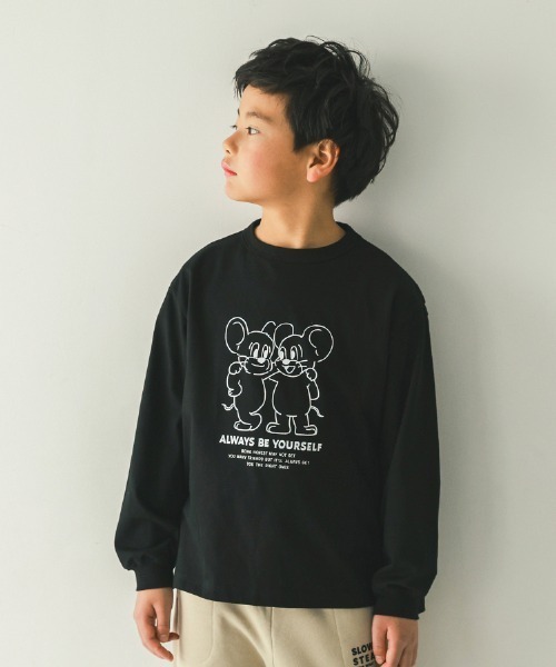 jeans-b（ジーンズベー）の「jeans-b/ジーンズベー MOUSE　ロングＴシャツ（Tシャツ/カットソー・キッズ・ベージュ/ブラック/オフホワイト・140cm/150cm/160cm/130cm）」の2枚目の写真