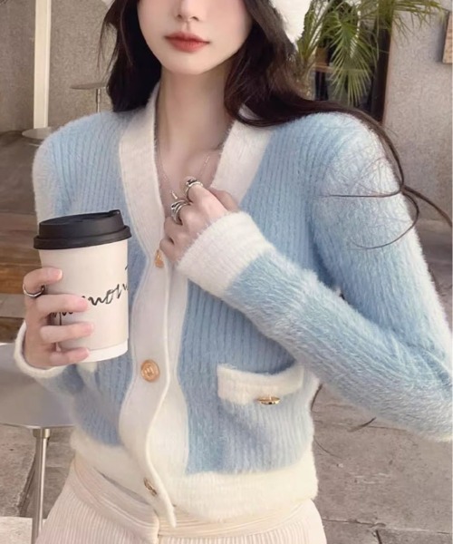 kirakiraShop(キラキラショップ)の「バイカラー ニット カーディガン(ニット/セーター・レディース・ホワイト/ピンク/ブラック/ブルー・FREE)」の7枚目の写真