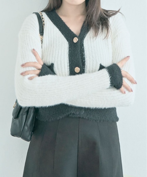 kirakiraShop(キラキラショップ)の「バイカラー ニット カーディガン(ニット/セーター・レディース・ホワイト/ピンク/ブラック/ブルー・FREE)」の18枚目の写真