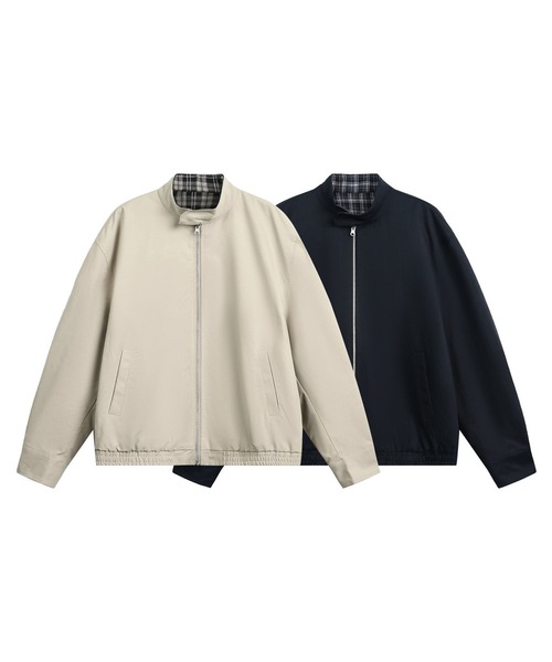 TOBEE（トゥビー）の「【TOBEE】リラックスフィット スタンドカラー ジップブルゾン/2wayリバーシブル ジャケット チェック&無地（ブルゾン・メンズ・ベージュ/ネイビー・LARGE/X-LARGE/MEDIUM）」の3枚目の写真