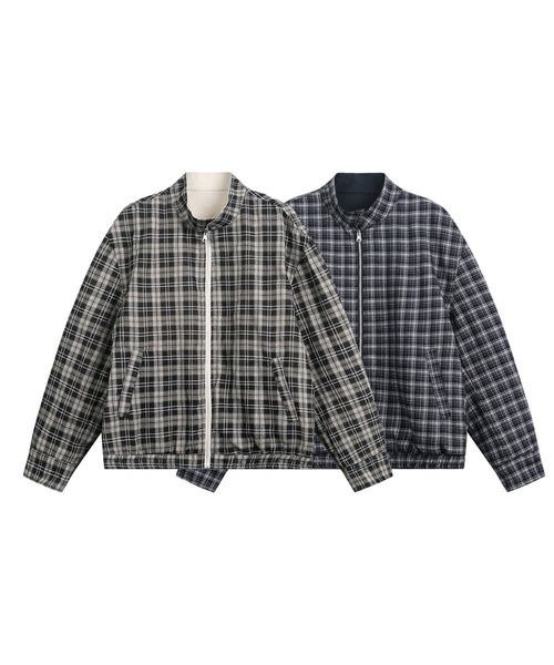TOBEE（トゥビー）の「【TOBEE】リラックスフィット スタンドカラー ジップブルゾン/2wayリバーシブル ジャケット チェック&無地（ブルゾン・メンズ・ベージュ/ネイビー・LARGE/X-LARGE/MEDIUM）」の4枚目の写真