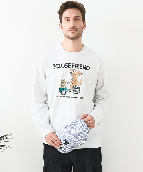 JEANS MATE(ジーンズメイト)の「【汗染みの目立ちにくいTシャツ ZEROSTAIN/ゼロステイン】カートゥーン ヴィンテージ風プリント ビッグシルエット ロンT 防汚 UVカット(Tシャツ/カットソー・メンズ・ホワイト系その他2/ブルー系その他/ブラック系その他2/ベージュ系その他・X-LARGE/MEDIUM/LARGE)」の3枚目の写真