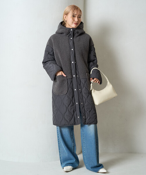 限定展開 ボア×キルティング 切り替え ロングコート（その他アウター