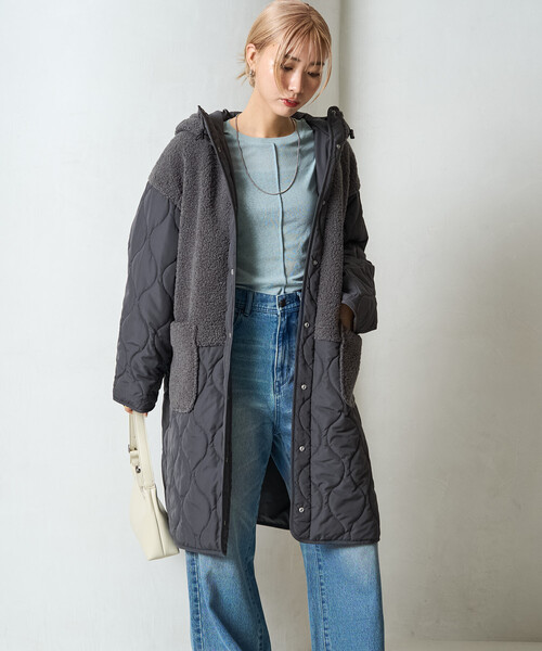 限定展開 ボア×キルティング 切り替え ロングコート（その他アウター