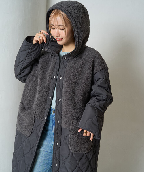 限定展開 ボア×キルティング 切り替え ロングコート（その他アウター