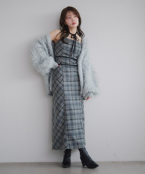 Multi-way velour ribbon check cami onepiece / マルチウェイ