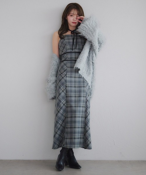 ワンピース ✕ MARO キャンペーン当選品　パブミラー Multi-way velour ribbon check cami onepiece / マルチウェイチェック