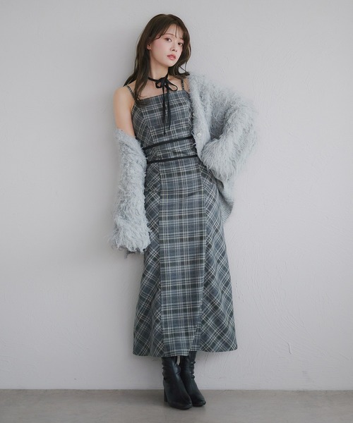 Multi-way velour ribbon check cami onepiece / マルチウェイチェック