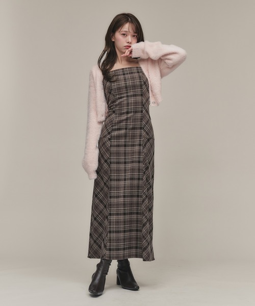 fupel（フぺル）の「Multi-way velour ribbon check cami onepiece / マルチウェイチェックキャミワンピース（ワンピース・レディース・ブラック/ブラウン・FREE）」の13枚目の写真