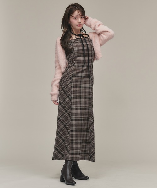 fupel（フぺル）の「Multi-way velour ribbon check cami onepiece / マルチウェイチェックキャミワンピース（ワンピース・レディース・ブラック/ブラウン・FREE）」の11枚目の写真