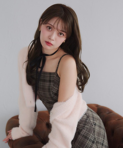 fupel（フぺル）の「Multi-way velour ribbon check cami onepiece / マルチウェイチェックキャミワンピース（ワンピース・レディース・ブラック/ブラウン・FREE）」の8枚目の写真