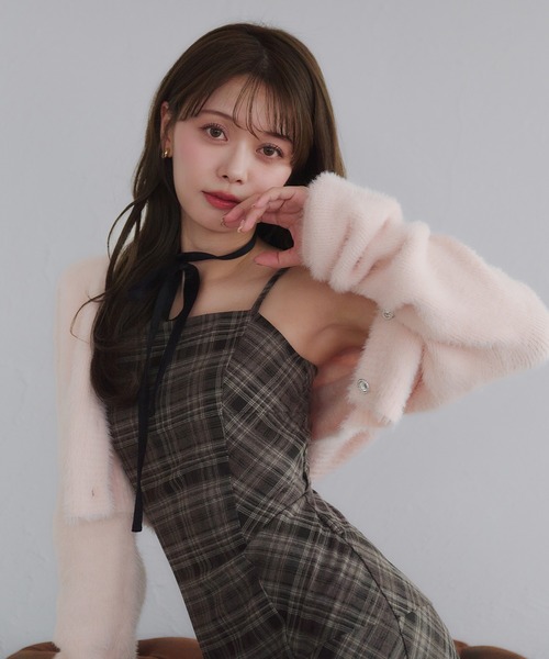 fupel（フぺル）の「Multi-way velour ribbon check cami onepiece / マルチウェイチェックキャミワンピース（ワンピース・レディース・ブラック/ブラウン・FREE）」の7枚目の写真