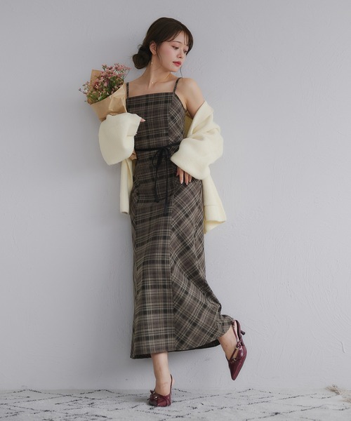 セール】Multi-way velour ribbon check cami onepiece / マルチウェイ