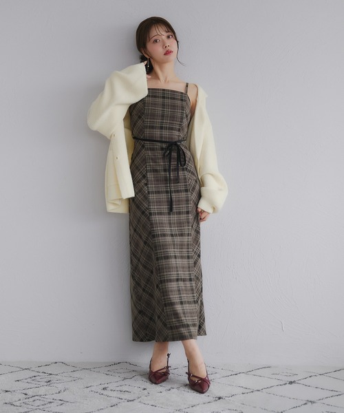 fupel（フぺル）の「Multi-way velour ribbon check cami onepiece / マルチウェイチェックキャミワンピース（ワンピース・レディース・ブラック/ブラウン・FREE）」の16枚目の写真