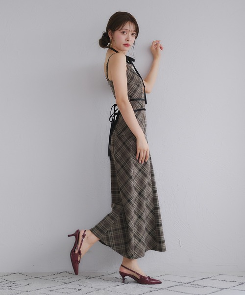 Multi-way velour ribbon check cami onepiece / マルチウェイチェック