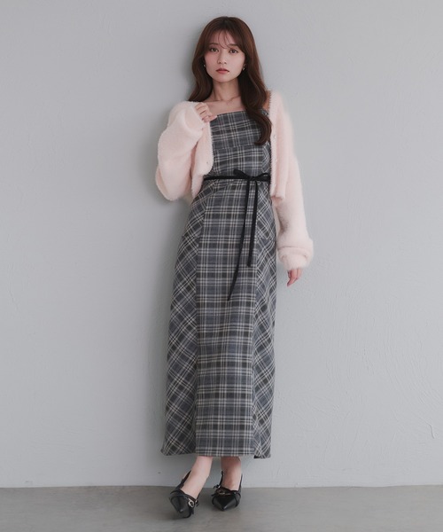 Multi-way velour ribbon check cami onepiece / マルチウェイチェック