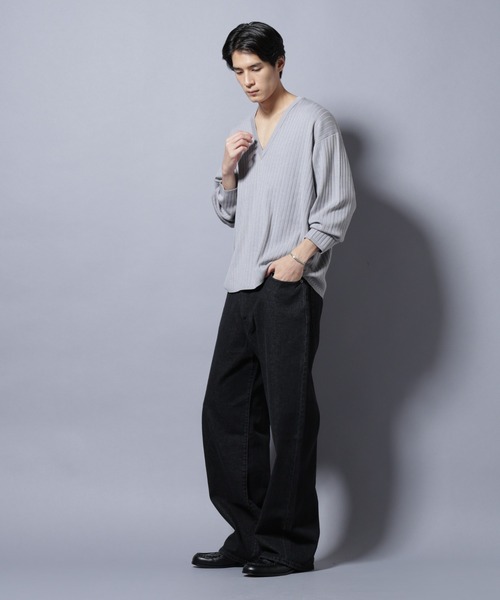 NANO universe（ナノユニバース）の「CICA&UVカット リブニットVネック（ニット/セーター・メンズ・グレー/ブラック/ブラウン・L/M）」の9枚目の写真