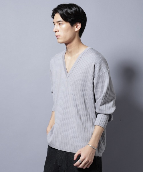 NANO universe（ナノユニバース）の「CICA&UVカット リブニットVネック（ニット/セーター・メンズ・グレー/ブラック/ブラウン・L/M）」の4枚目の写真