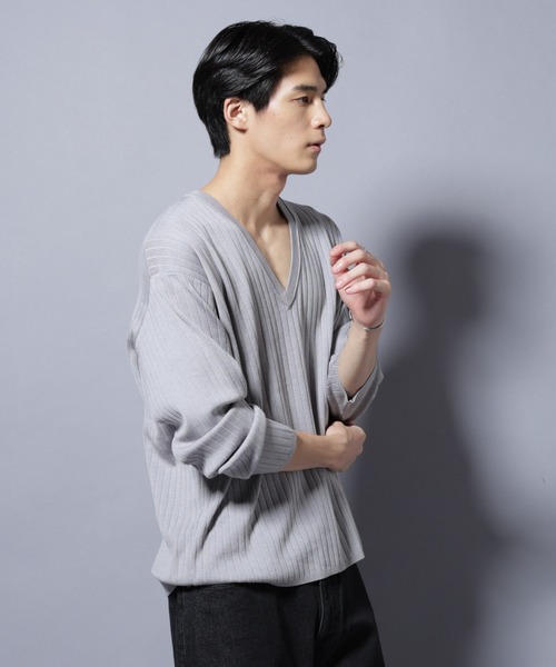 NANO universe（ナノユニバース）の「CICA&UVカット リブニットVネック（ニット/セーター・メンズ・グレー/ブラック/ブラウン・L/M）」の5枚目の写真