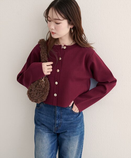 natural couture（ナチュラルクチュール）の「クロップド丈リブカラーカーディガン（カーディガン/ボレロ・レディース・ピンク/ボルドー/オフホワイト/グレー・FREE）」の4枚目の写真