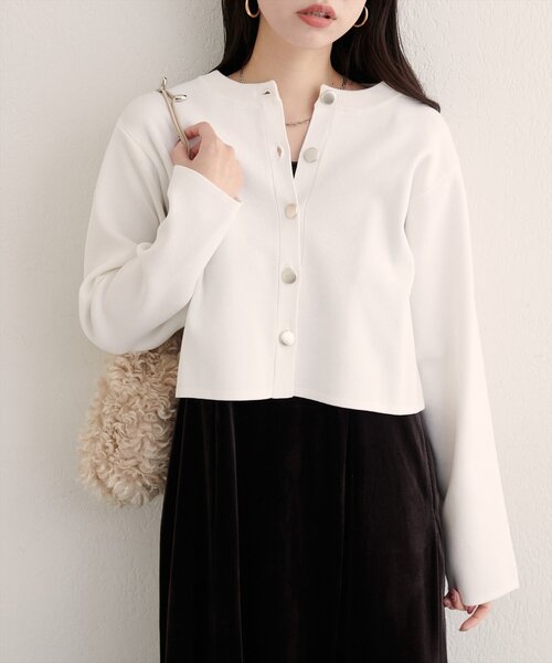 natural couture（ナチュラルクチュール）の「クロップド丈リブカラーカーディガン（カーディガン/ボレロ・レディース・ピンク/ボルドー/オフホワイト/グレー・FREE）」の5枚目の写真