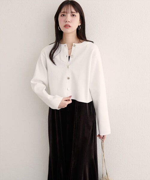 natural couture（ナチュラルクチュール）の「クロップド丈リブカラーカーディガン（カーディガン/ボレロ・レディース・ピンク/ボルドー/オフホワイト/グレー・FREE）」の7枚目の写真