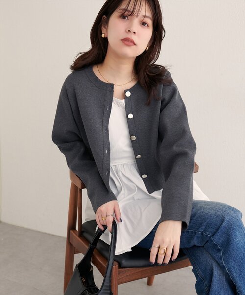 natural couture（ナチュラルクチュール）の「クロップド丈リブカラーカーディガン（カーディガン/ボレロ・レディース・ピンク/ボルドー/オフホワイト/グレー・FREE）」の16枚目の写真