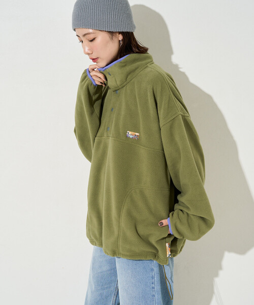 セール】ビックシルエット フリース スナップ ワンポイントロゴ プル