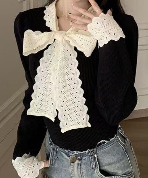 Mejoul（メジュール）の「レースリボン切り替え リブニットロンT（ニット/セーター・レディース・ホワイト/ブラック・M/L）」の2枚目の写真