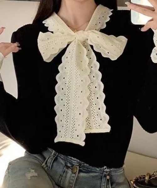 Mejoul（メジュール）の「レースリボン切り替え リブニットロンT（ニット/セーター・レディース・ホワイト/ブラック・M/L）」の8枚目の写真