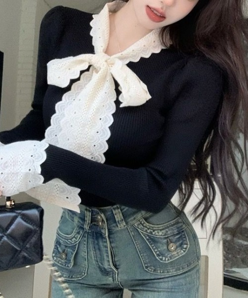 Mejoul（メジュール）の「レースリボン切り替え リブニットロンT（ニット/セーター・レディース・ホワイト/ブラック・M/L）」の11枚目の写真