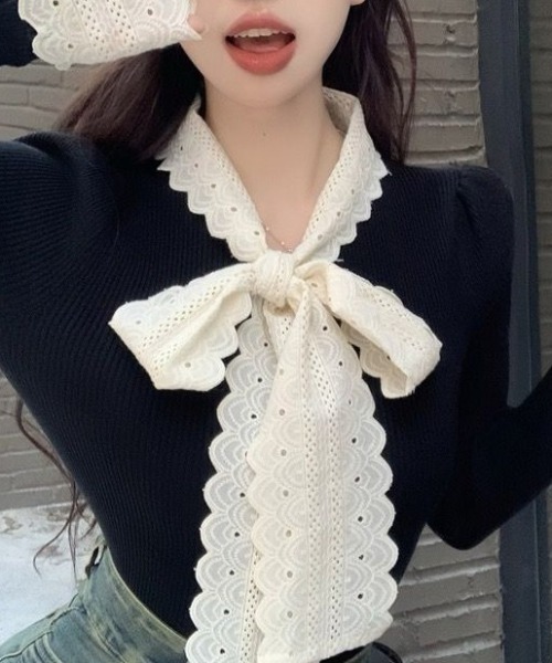 Mejoul（メジュール）の「レースリボン切り替え リブニットロンT（ニット/セーター・レディース・ホワイト/ブラック・M/L）」の12枚目の写真