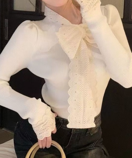 Mejoul（メジュール）の「レースリボン切り替え リブニットロンT（ニット/セーター・レディース・ホワイト/ブラック・M/L）」の3枚目の写真