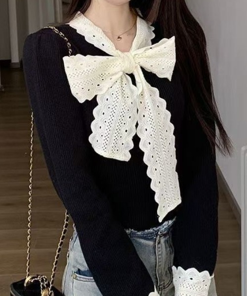 Mejoul（メジュール）の「レースリボン切り替え リブニットロンT（ニット/セーター・レディース・ホワイト/ブラック・M/L）」の10枚目の写真