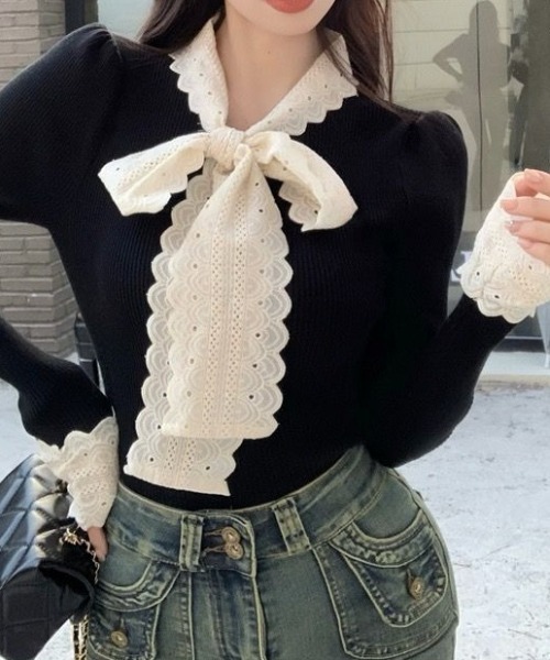 Mejoul（メジュール）の「レースリボン切り替え リブニットロンT（ニット/セーター・レディース・ホワイト/ブラック・M/L）」の9枚目の写真