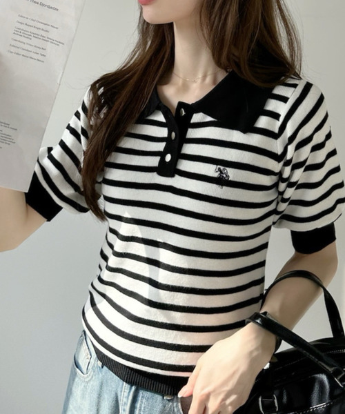 U.S. POLO ASSN.(ユーエスポロアッスン)の「【U.S. POLO ASSN.】バイカラー ステンカラー ポロ サマーニット(ポロシャツ・レディース・オフホワイト/ベージュ/ネイビー/ホワイト×ブラック/ホワイト×グリーン・M/L)」の4枚目の写真