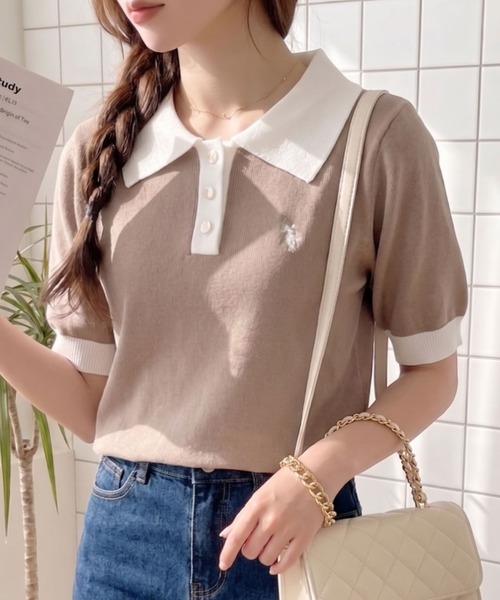 U.S. POLO ASSN.(ユーエスポロアッスン)の「【U.S. POLO ASSN.】バイカラー ステンカラー ポロ サマーニット(ポロシャツ・レディース・オフホワイト/ベージュ/ネイビー/ホワイト×ブラック/ホワイト×グリーン・M/L)」の5枚目の写真