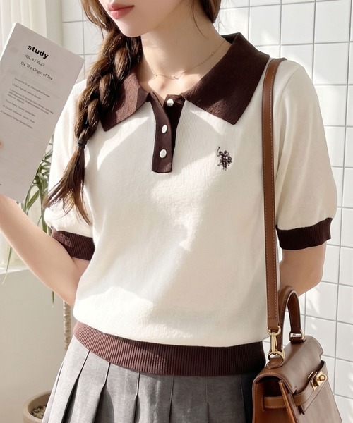 U.S. POLO ASSN.(ユーエスポロアッスン)の「【U.S. POLO ASSN.】バイカラー ステンカラー ポロ サマーニット(ポロシャツ・レディース・オフホワイト/ベージュ/ネイビー/ホワイト×ブラック/ホワイト×グリーン・M/L)」の2枚目の写真