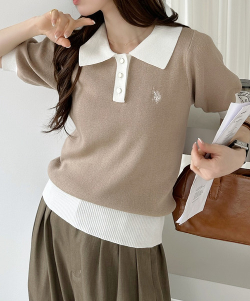 U.S. POLO ASSN.(ユーエスポロアッスン)の「【U.S. POLO ASSN.】バイカラー ステンカラー ポロ サマーニット(ポロシャツ・レディース・オフホワイト/ベージュ/ネイビー/ホワイト×ブラック/ホワイト×グリーン・M/L)」の18枚目の写真