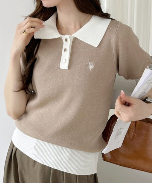 U.S. POLO ASSN.(ユーエスポロアッスン)の「【U.S. POLO ASSN.】バイカラー ステンカラー ポロ サマーニット(ポロシャツ・レディース・オフホワイト/ベージュ/ネイビー/ホワイト×ブラック/ホワイト×グリーン・M/L)」の14枚目の写真